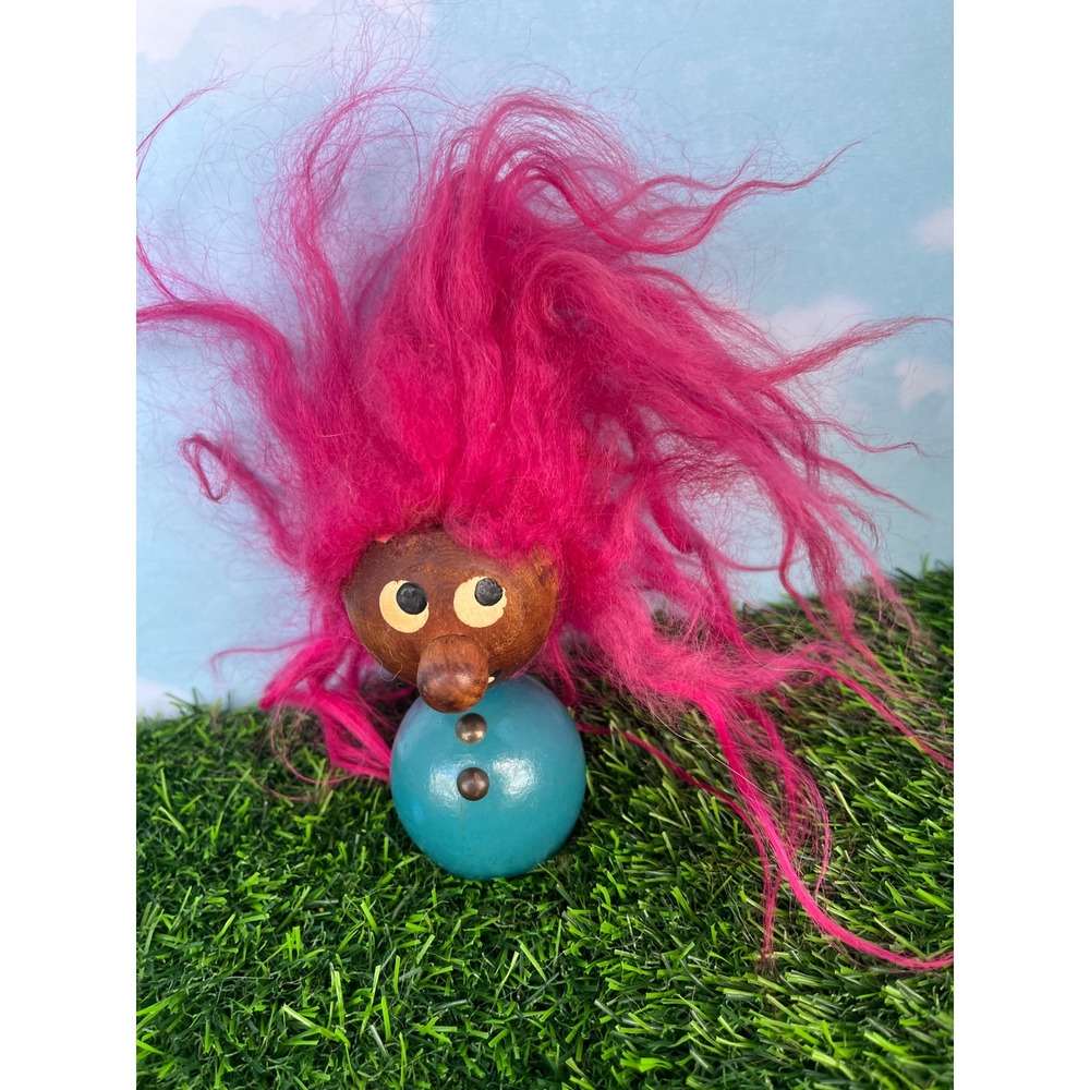 Vintage Scandinavian Wood Troll Figurine Pink Mohair Hair Teal Blue Body 5in